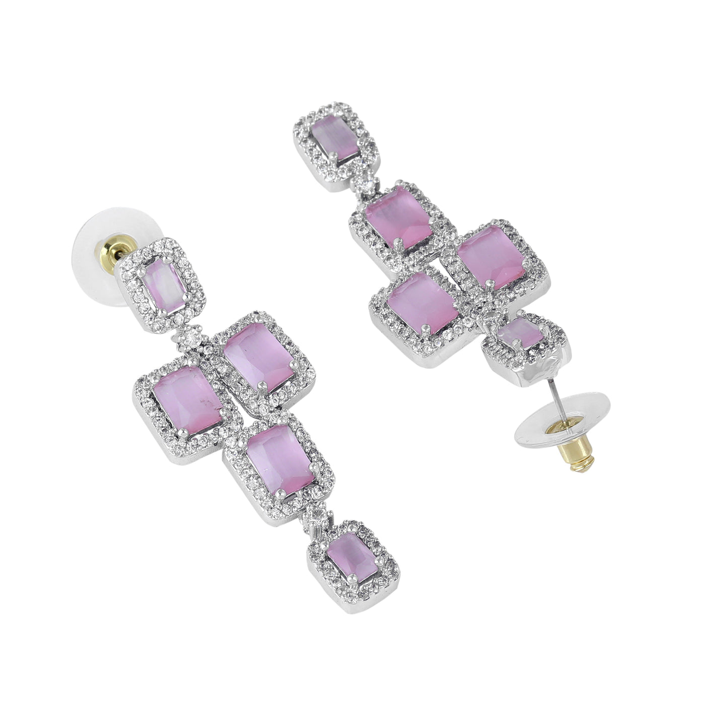 Estele Rhodium Plated CZ Dazzling Earrings with Mint Pink Stones for Women