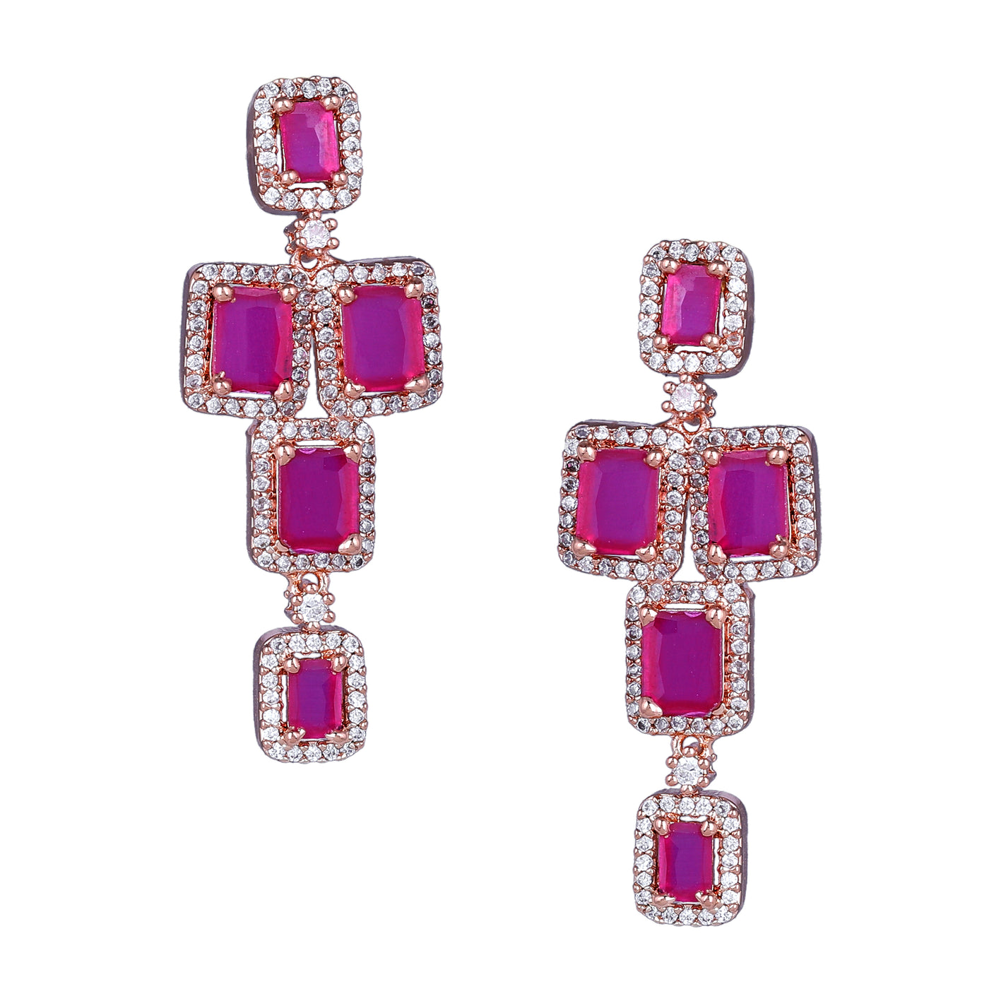 Estele Rose Gold Plated CZ Ravishing Double Line Necklace Set with Ruby Stones for Women