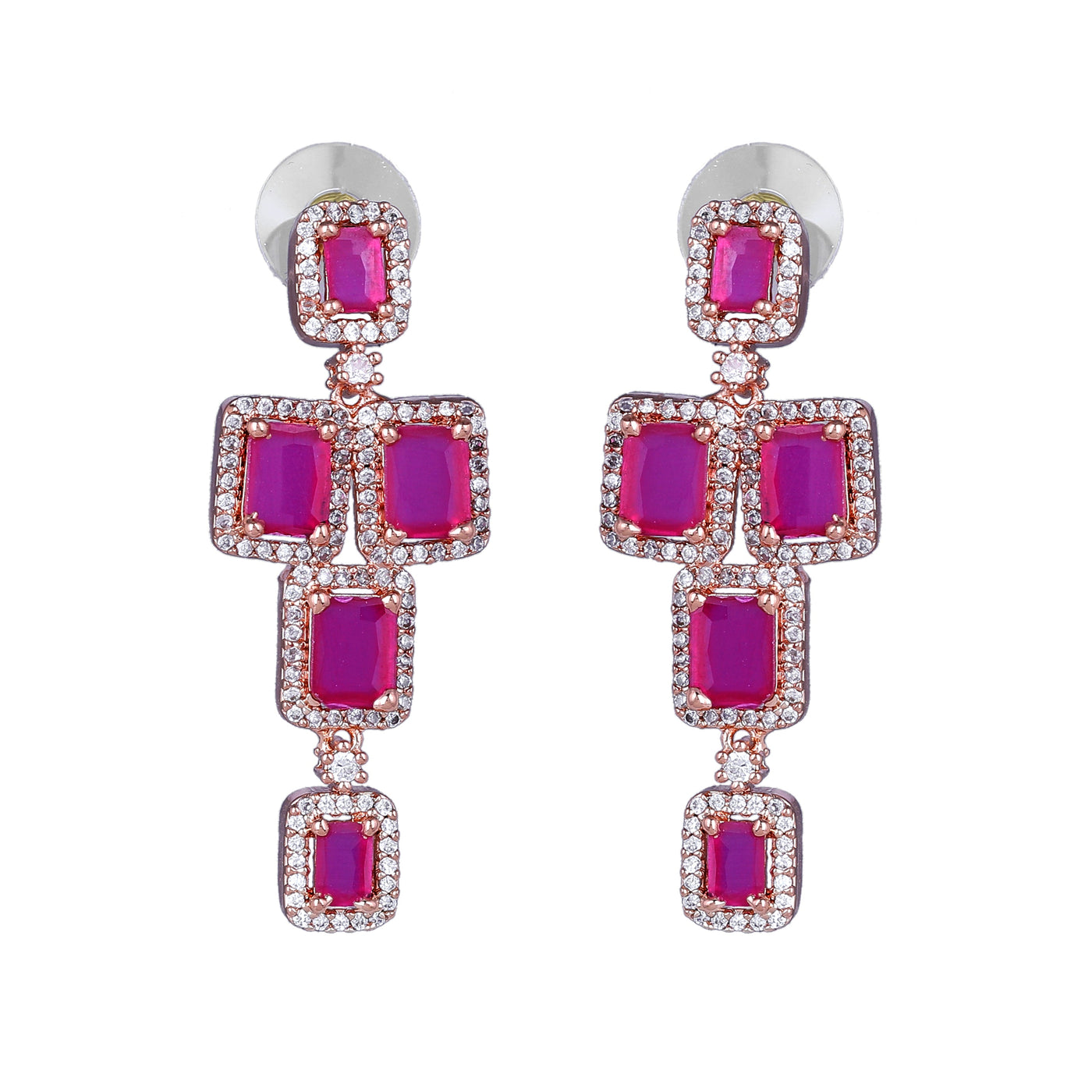 Estele Rose Gold Plated CZ Dazzling Earrings with Ruby Stones for Women