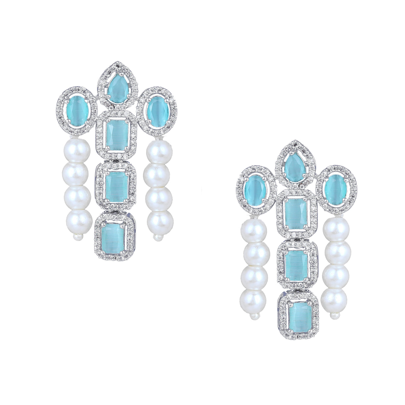 Estele Rhodium Plated CZ Astonishing Drop Earrings with Mint Green Stones & Pearls for Women