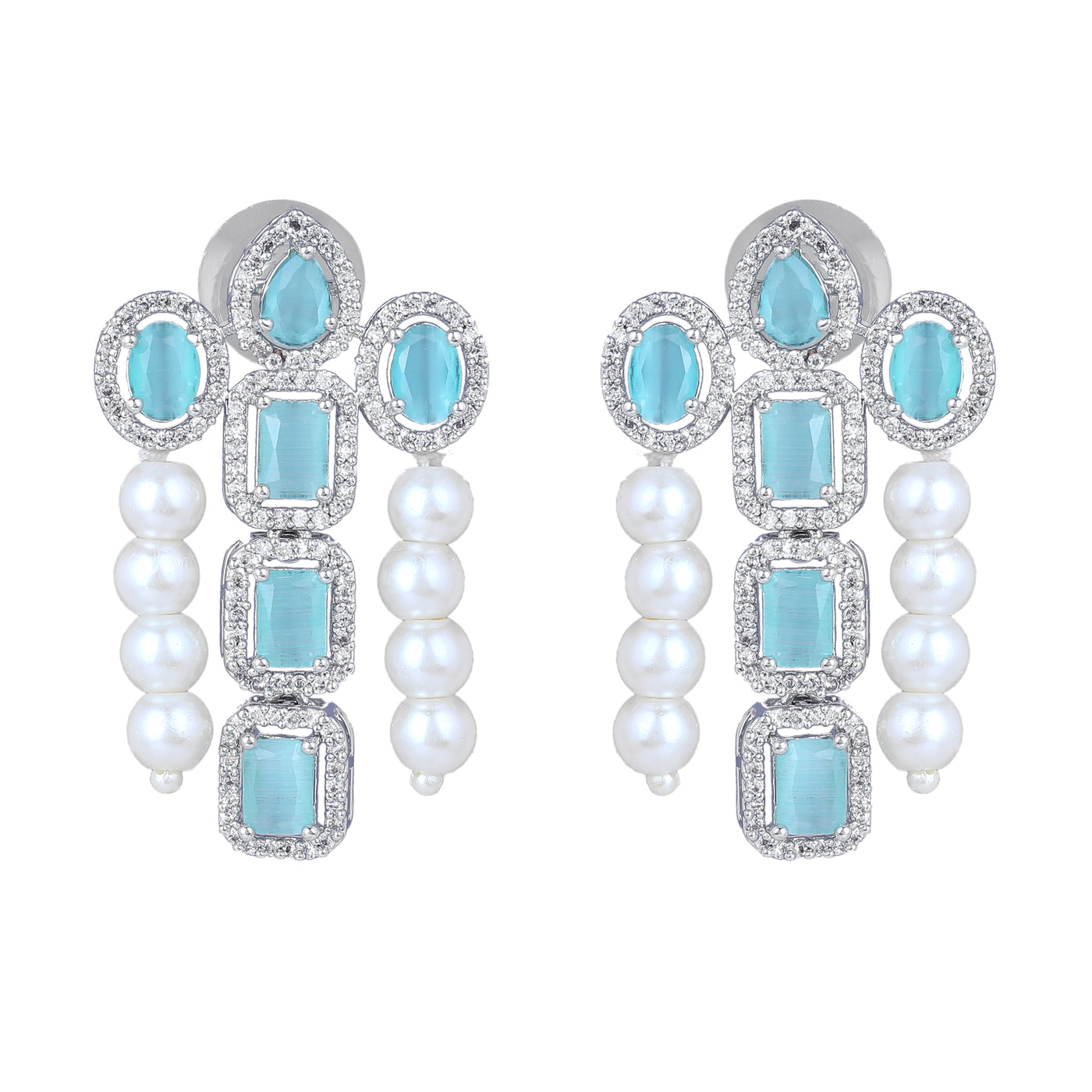 Estele Rhodium Plated CZ Captivating Triple-Layered Necklace Set with Mint Green Stones & Pearls for Women