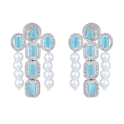 Estele Rhodium Plated CZ Captivating Triple-Layered Necklace Set with Mint Green Stones & Pearls for Women