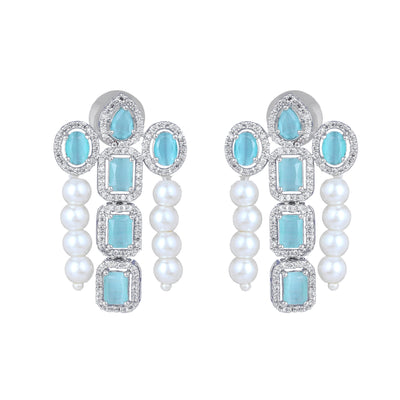 Estele Rhodium Plated CZ Astonishing Drop Earrings with Mint Green Stones & Pearls for Women