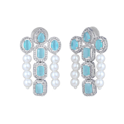 Estele Rhodium Plated CZ Astonishing Drop Earrings with Mint Green Stones & Pearls for Women