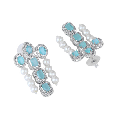 Estele Rhodium Plated CZ Astonishing Drop Earrings with Mint Green Stones & Pearls for Women