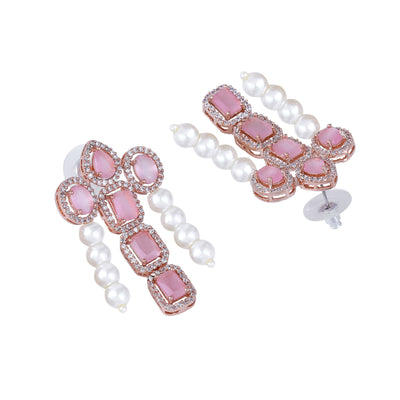 Estele Rose Gold Plated CZ Astonishing Drop Earrings with Mint Pink Stones & Pearls for Women