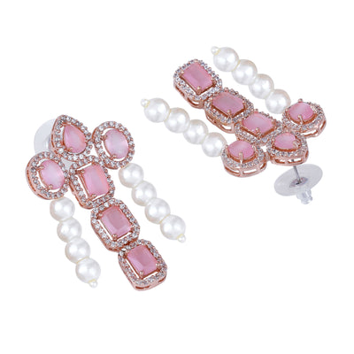 Estele Rose Gold Plated CZ Captivating 3-Layered Necklace Set with Mint Pink Stones & Pearls for Women