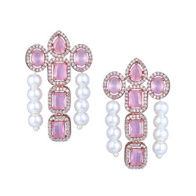 Estele Rose Gold Plated CZ Astonishing Drop Earrings with Mint Pink Stones & Pearls for Women