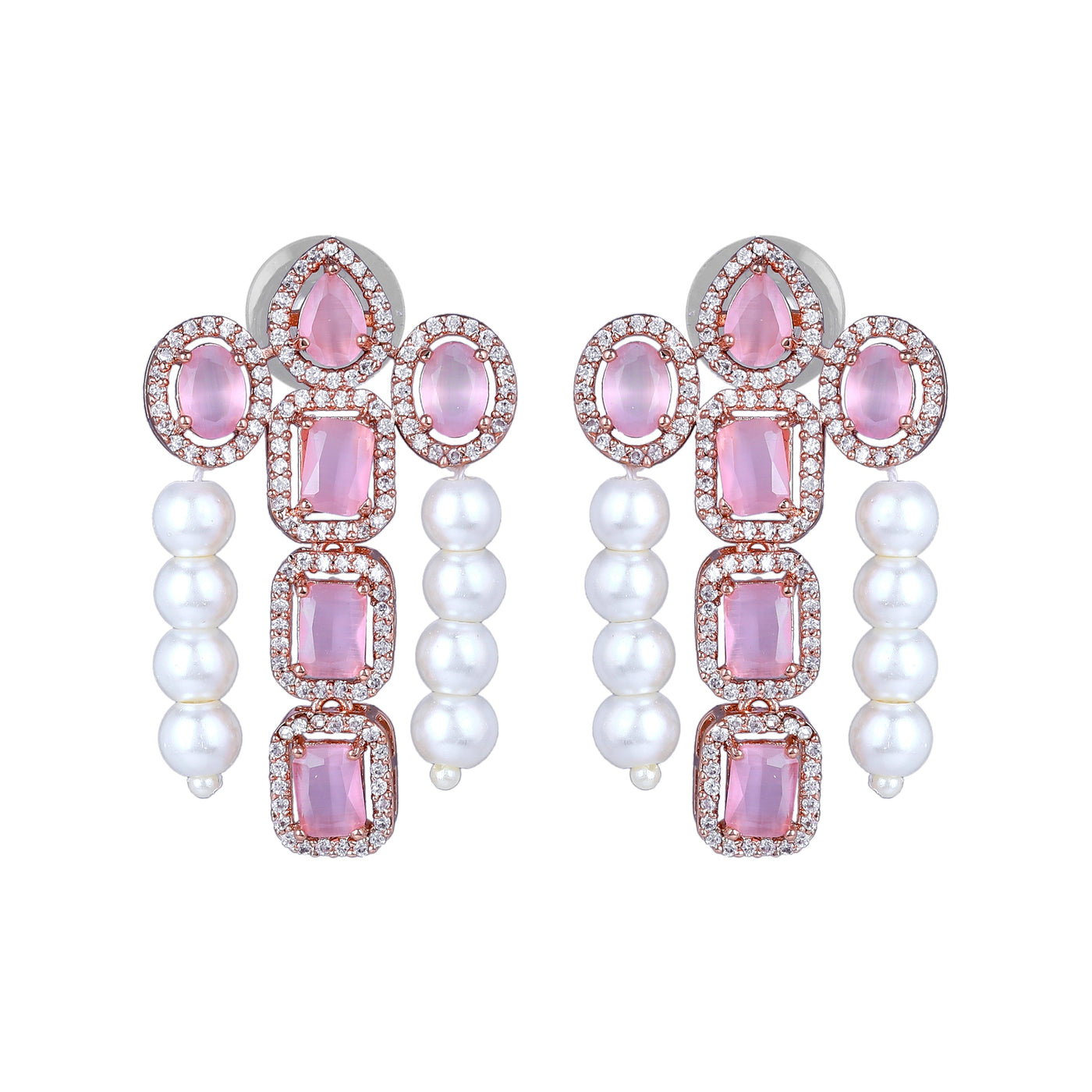 Estele Rose Gold Plated CZ Astonishing Drop Earrings with Mint Pink Stones & Pearls for Women