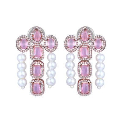 Estele Rose Gold Plated CZ Astonishing Drop Earrings with Mint Pink Stones & Pearls for Women