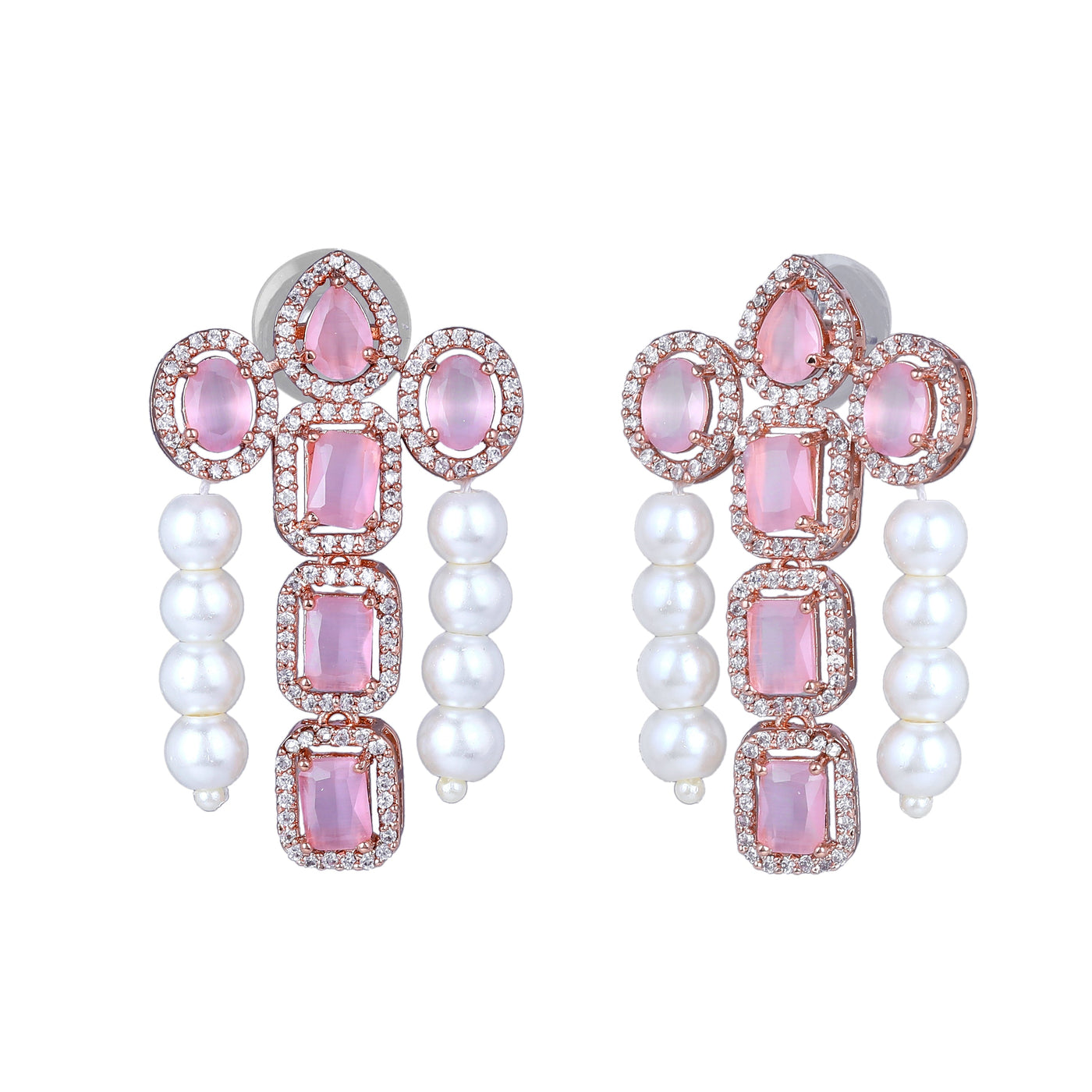 Estele Rose Gold Plated CZ Astonishing Drop Earrings with Mint Pink Stones & Pearls for Women