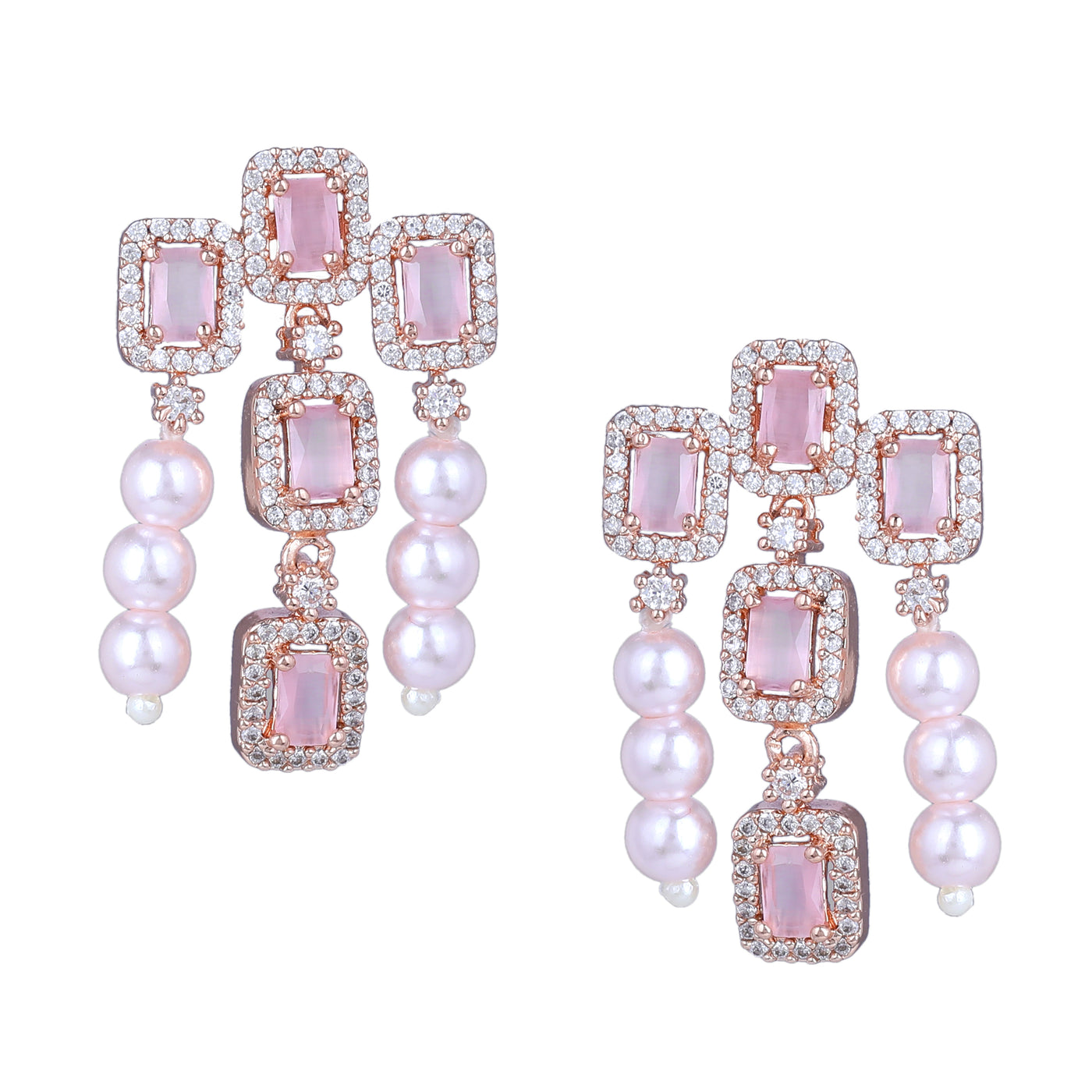 Estele Rose Gold Plated CZ Gorgeous 3-Layered Necklace Set with Mint Pink Stones & Pearls for Women