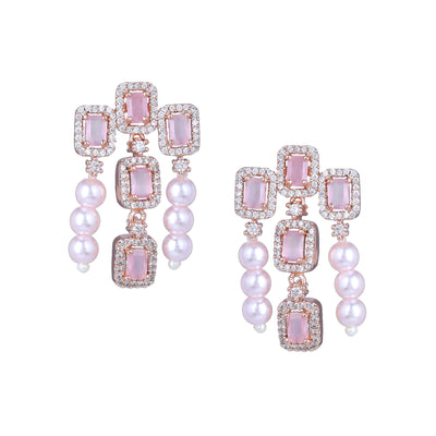 Estele Rose Gold Plated CZ Shimmering Earrings with Mint Pink Stones & Pearls for Women