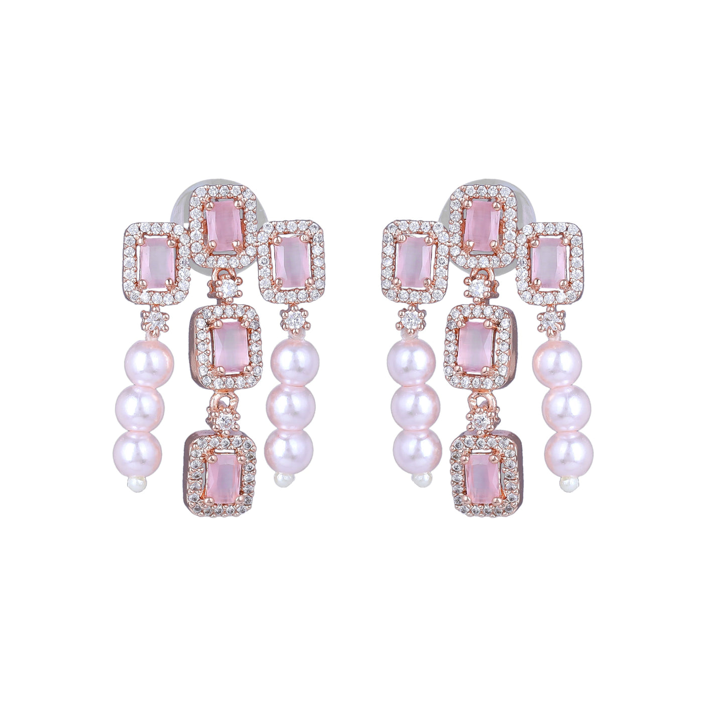 Estele Rose Gold Plated CZ Shimmering Earrings with Mint Pink Stones & Pearls for Women