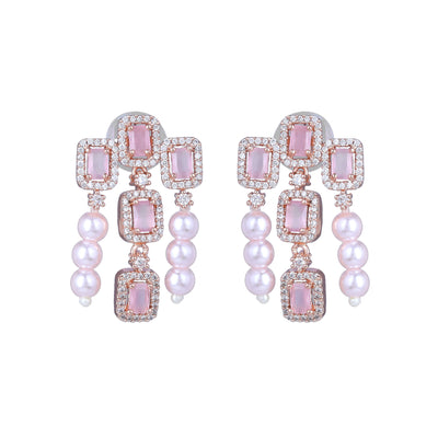 Estele Rose Gold Plated CZ Shimmering Earrings with Mint Pink Stones & Pearls for Women