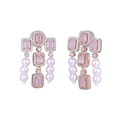 Estele Rose Gold Plated CZ Shimmering Earrings with Mint Pink Stones & Pearls for Women