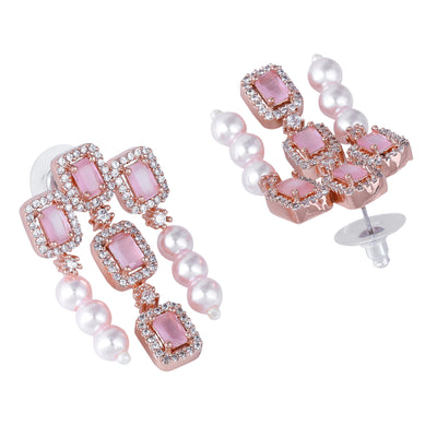 Estele Rose Gold Plated CZ Gorgeous 3-Layered Necklace Set with Mint Pink Stones & Pearls for Women