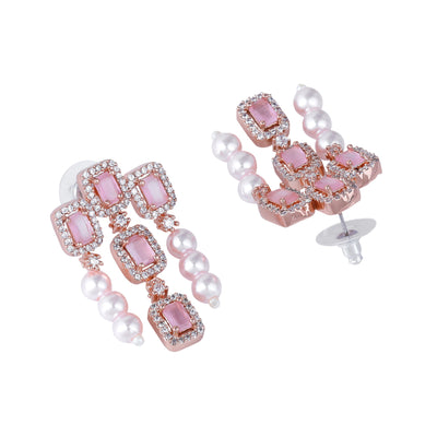 Estele Rose Gold Plated CZ Shimmering Earrings with Mint Pink Stones & Pearls for Women