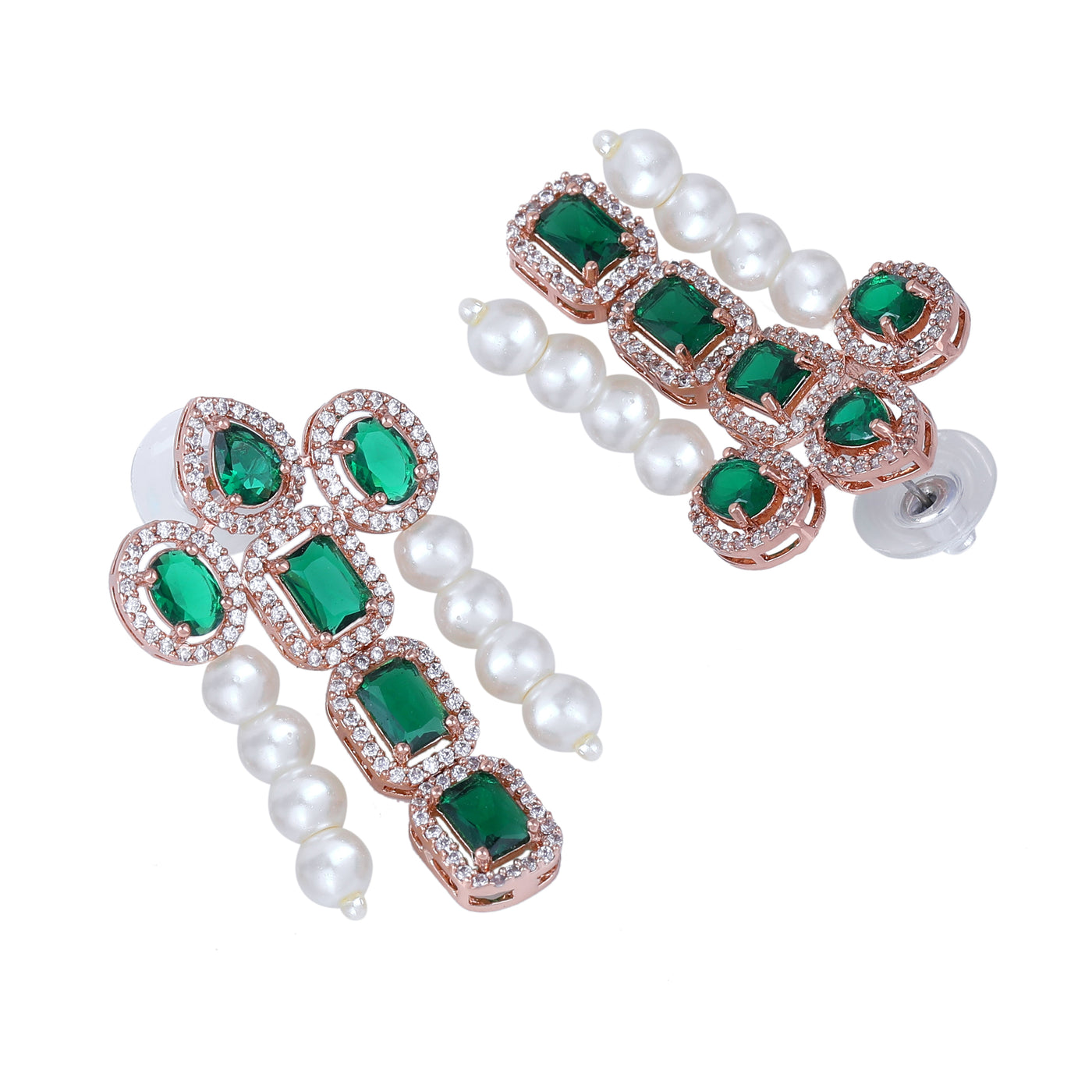 Estele Rose Gold Plated CZ Captivating 3-Layered Necklace Set with Green Stones & Pearls for Women