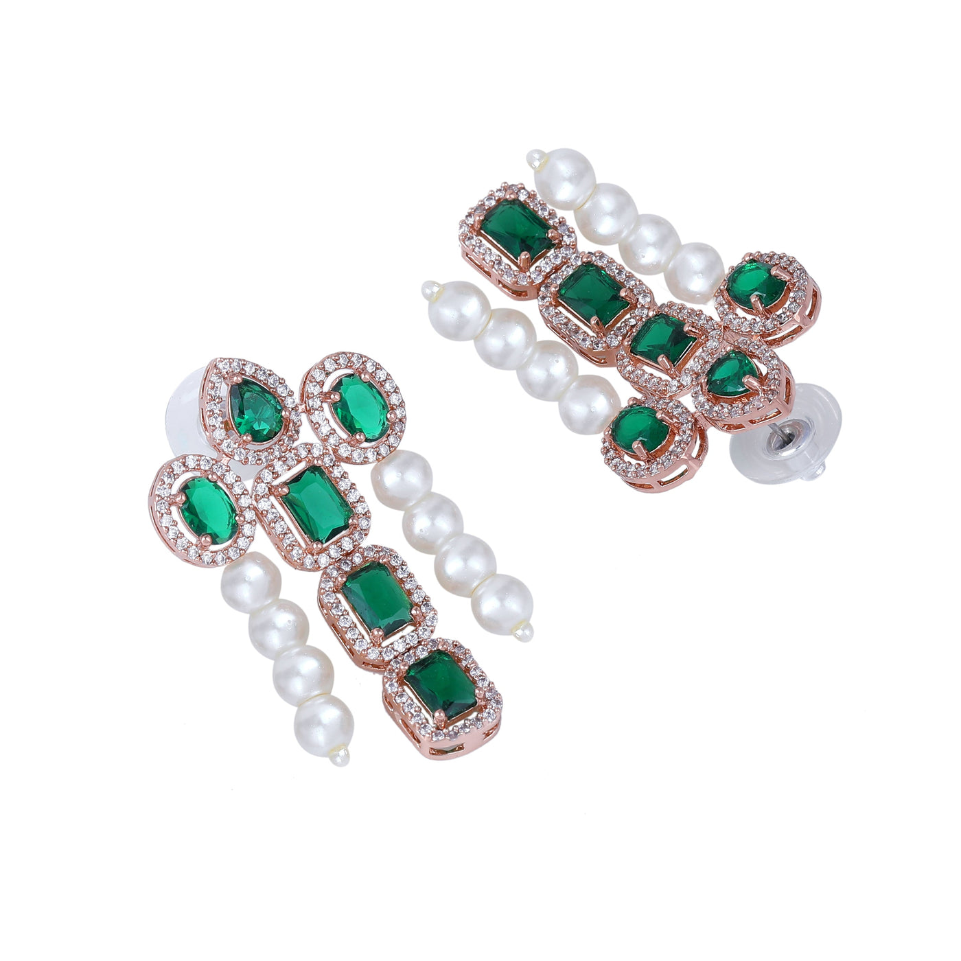 Estele Rose Gold Plated CZ Astonishing Drop Earrings with Green Stones & Pearls for Women