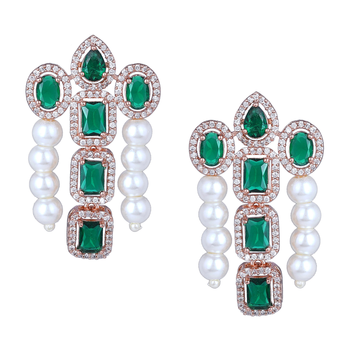 Estele Rose Gold Plated CZ Captivating 3-Layered Necklace Set with Green Stones & Pearls for Women