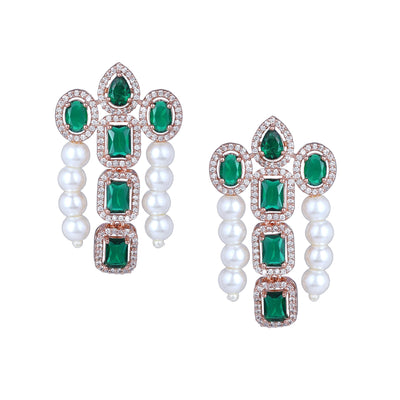 Estele Rose Gold Plated CZ Astonishing Drop Earrings with Green Stones & Pearls for Women