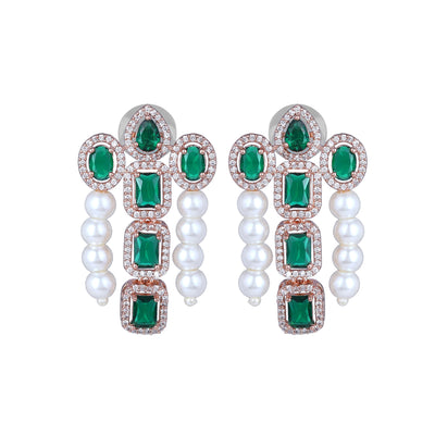 Estele Rose Gold Plated CZ Astonishing Drop Earrings with Green Stones & Pearls for Women