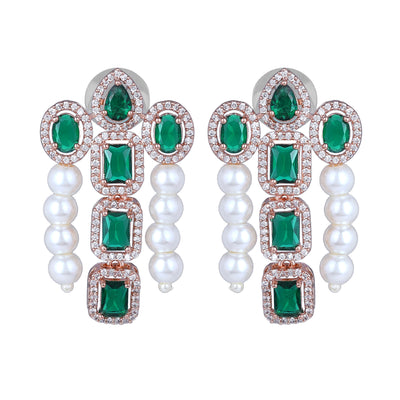 Estele Rose Gold Plated CZ Captivating 3-Layered Necklace Set with Green Stones & Pearls for Women