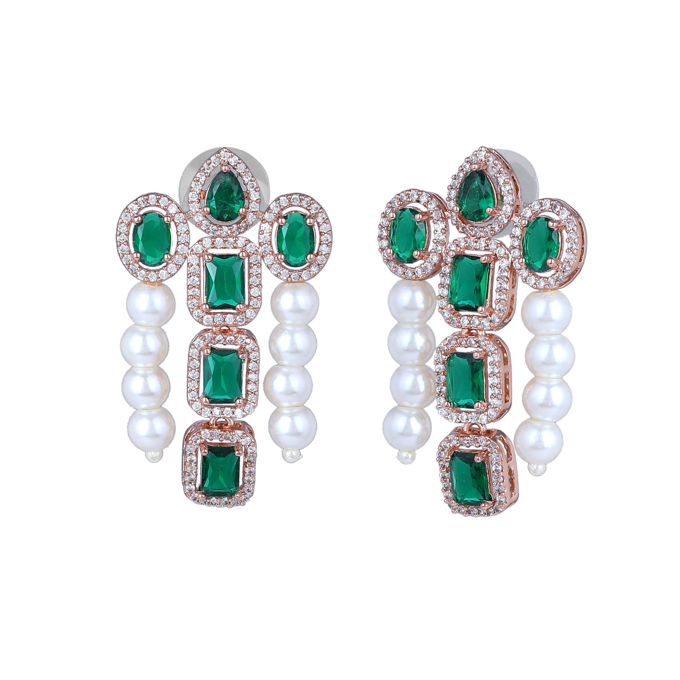 Estele Rose Gold Plated CZ Astonishing Drop Earrings with Green Stones & Pearls for Women