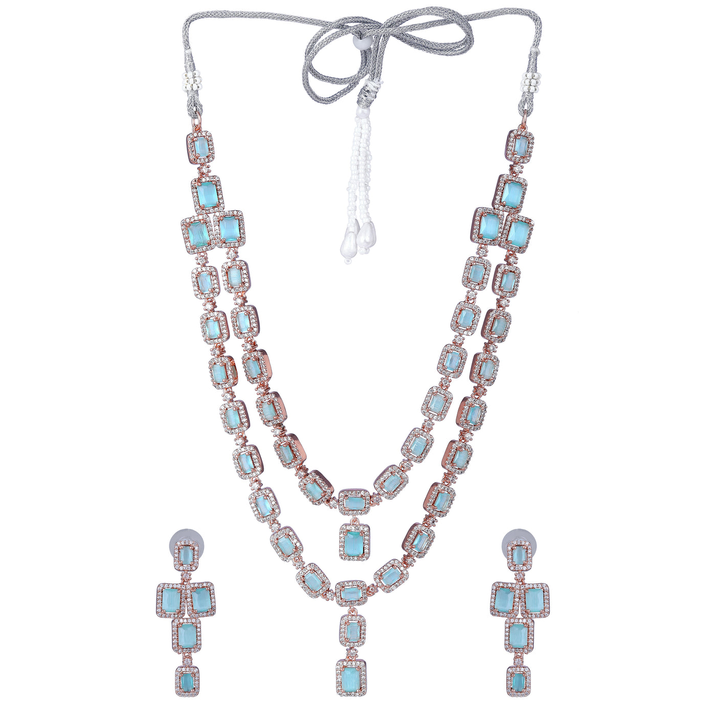 Estele Rose Gold Plated CZ Ravishing Double Line Necklace Set with Mint Green Stones for Women