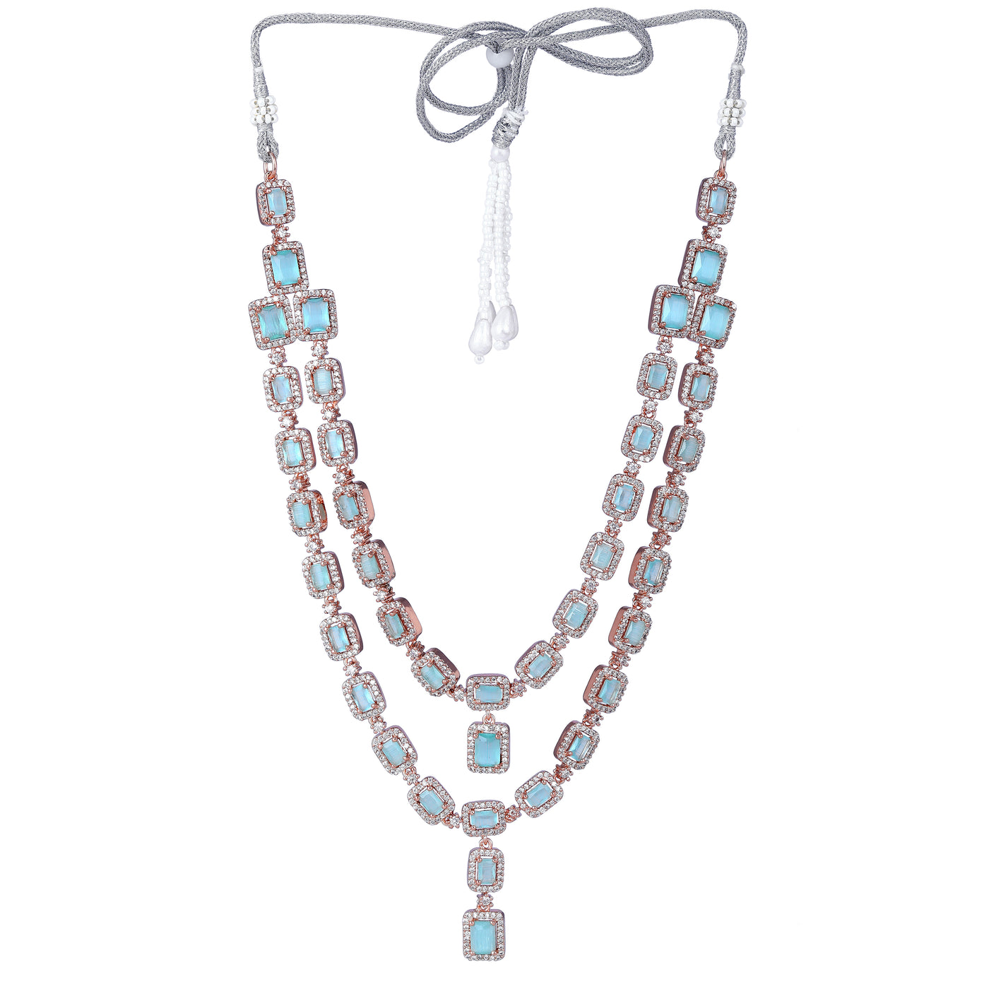 Estele Rose Gold Plated CZ Ravishing Double Line Necklace Set with Mint Green Stones for Women