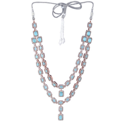 Estele Rose Gold Plated CZ Ravishing Double Line Necklace Set with Mint Green Stones for Women