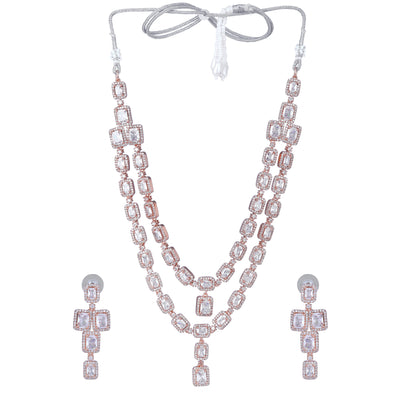 Estele Rose Gold Plated CZ Ravishing Double Line Necklace Set with White Stones for Women