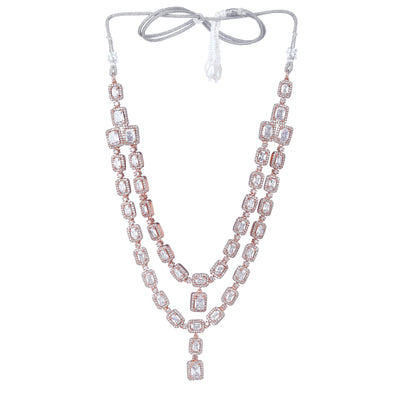 Estele Rose Gold Plated CZ Ravishing Double Line Necklace Set with White Stones for Women