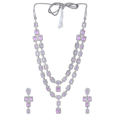 Estele Rhodium Plated CZ Ravishing Two Line Necklace Set with Mint Pink Stones for Women