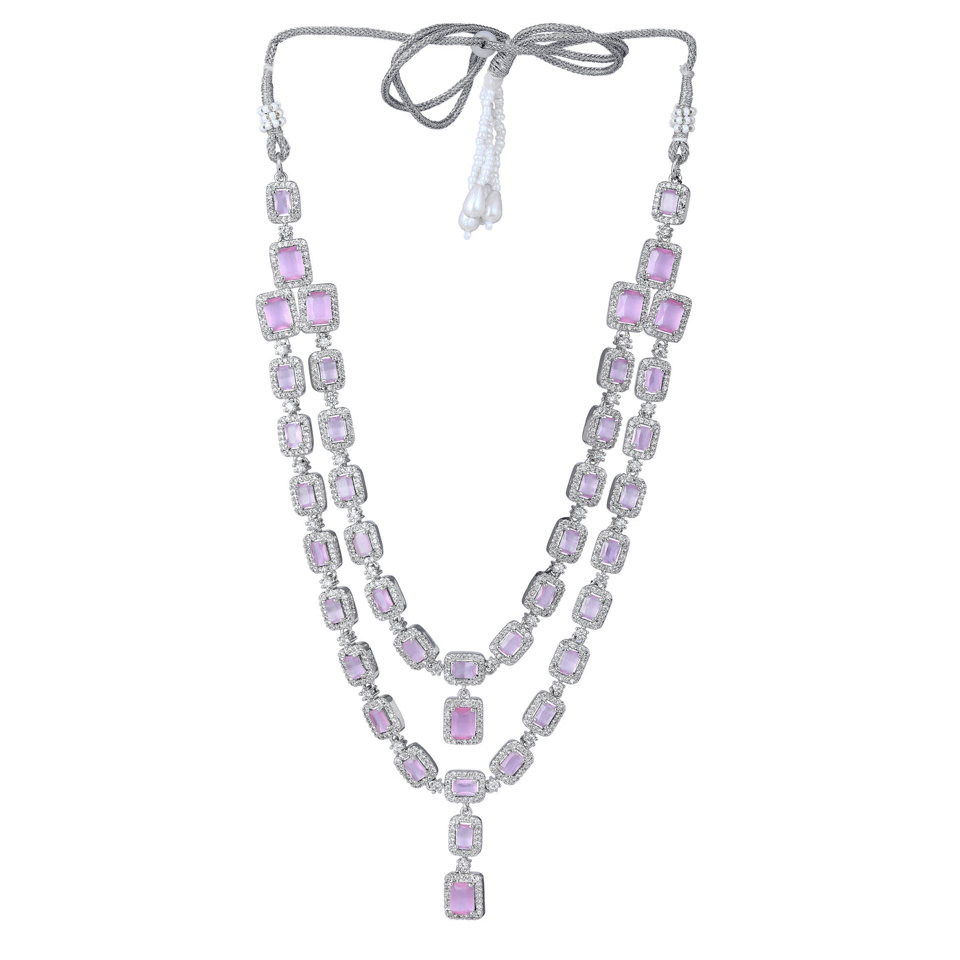 Estele Rhodium Plated CZ Ravishing Two Line Necklace Set with Mint Pink Stones for Women