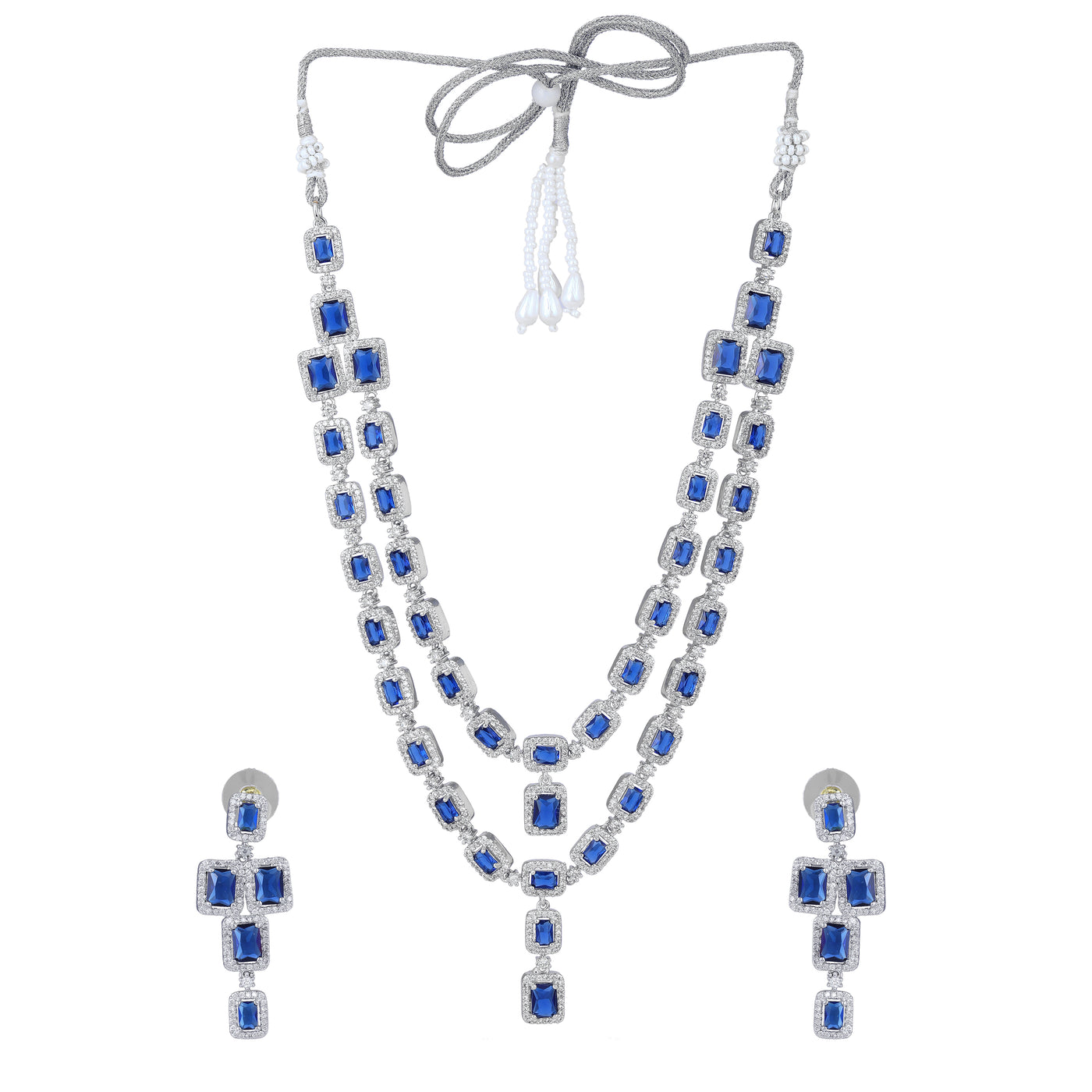 Estele Rhodium Plated CZ Ravishing Two Line Necklace Set with Blue Stones for Women