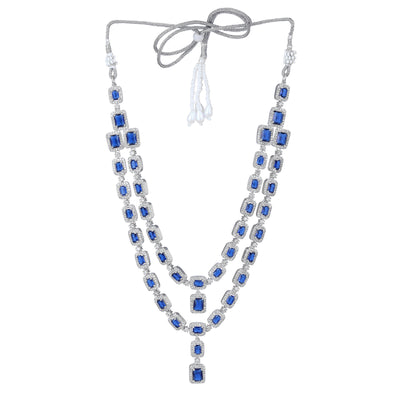 Estele Rhodium Plated CZ Ravishing Two Line Necklace Set with Blue Stones for Women