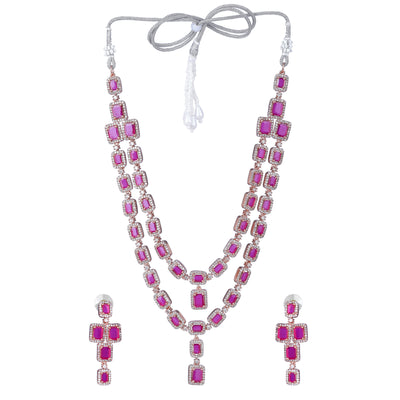 Estele Rose Gold Plated CZ Ravishing Double Line Necklace Set with Ruby Stones for Women