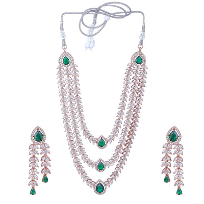 Estele Rose Gold Plated CZ Magnificent Triple Line Necklace Set with Green Stones for Women