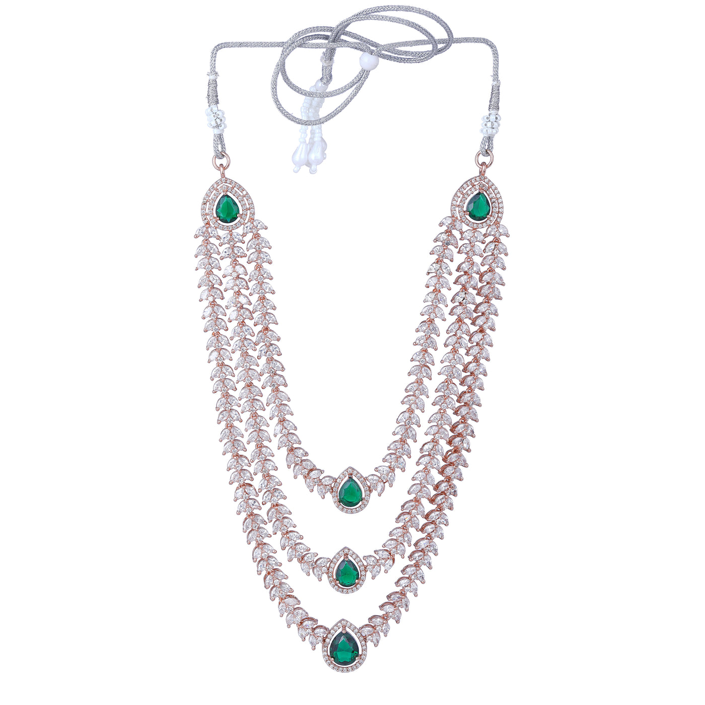 Estele Rose Gold Plated CZ Magnificent Triple Line Necklace Set with Green Stones for Women