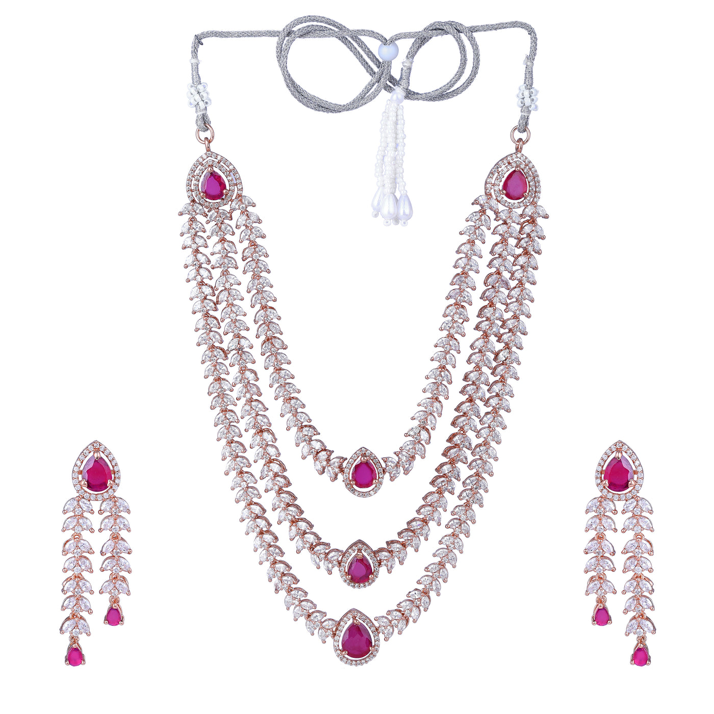 Estele Rose Gold Plated CZ Magnificent Triple Line Necklace Set with Ruby Stones for Women