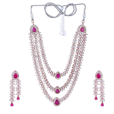 Estele Rose Gold Plated CZ Magnificent Triple Line Necklace Set with Ruby Stones for Women