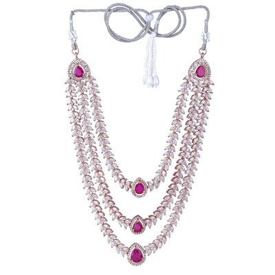 Estele Rose Gold Plated CZ Magnificent Triple Line Necklace Set with Ruby Stones for Women