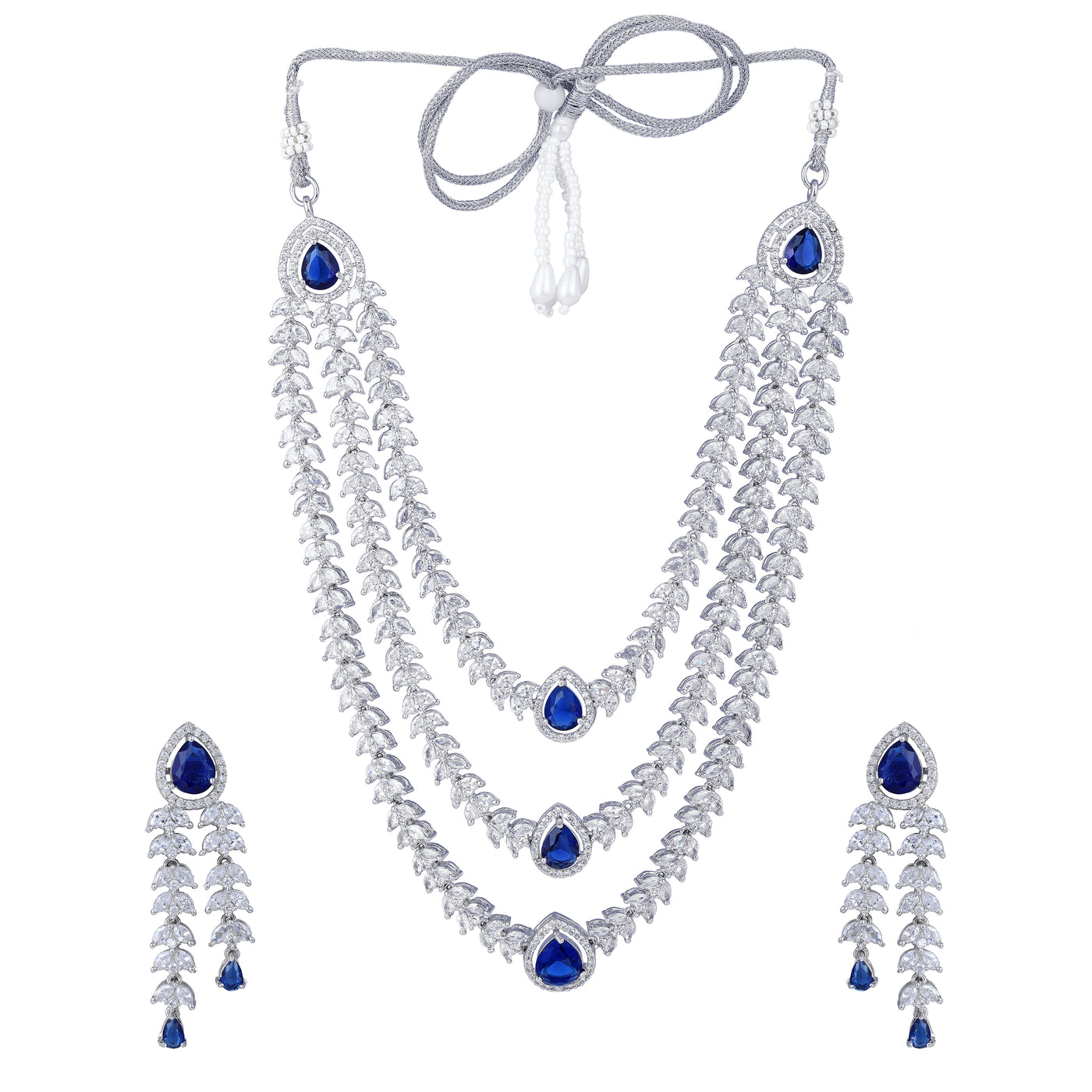 Estele Rhodium Plated CZ Magnificent Three Line Necklace Set with Blue Stones for Women