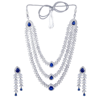 Estele Rhodium Plated CZ Magnificent Three Line Necklace Set with Blue Stones for Women