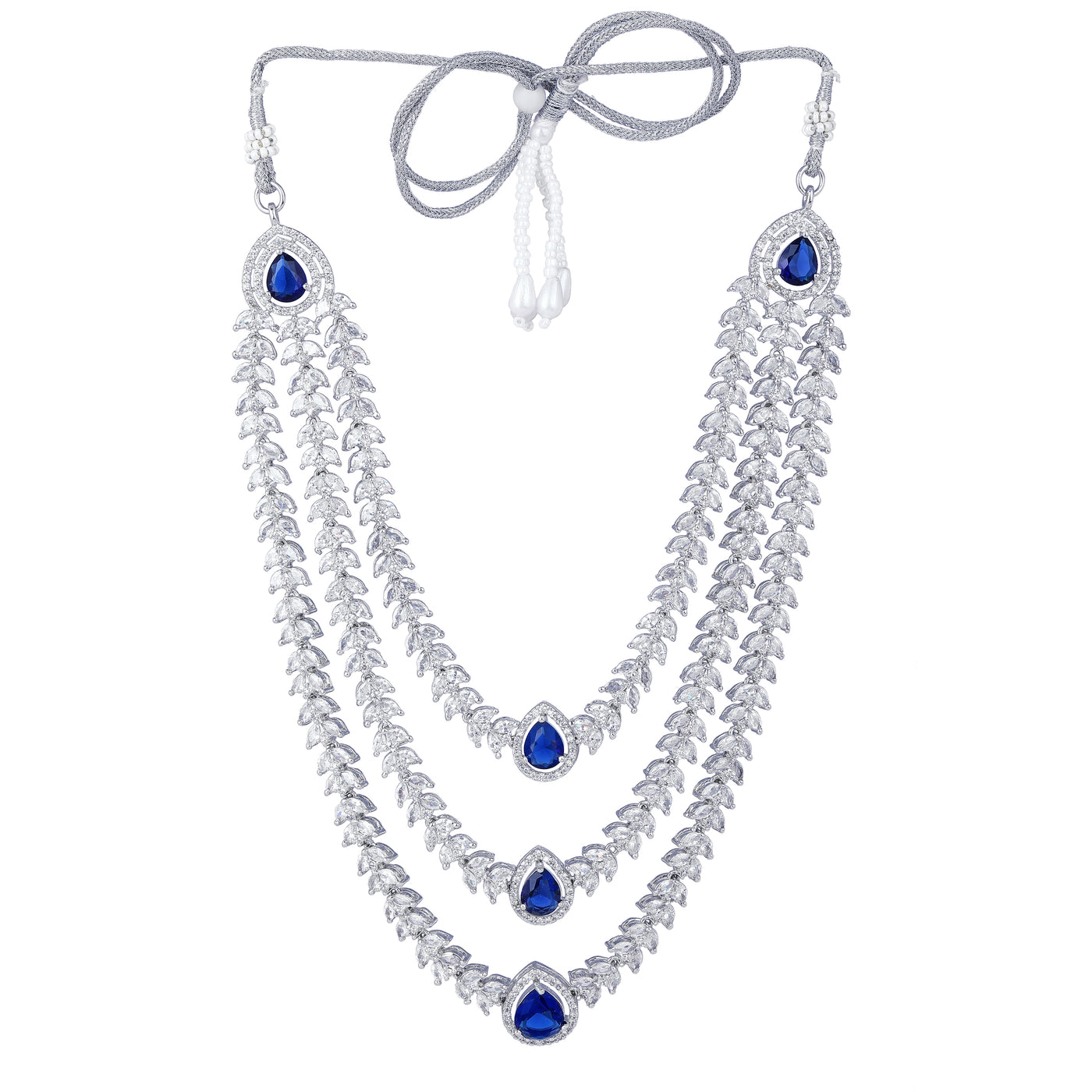 Estele Rhodium Plated CZ Magnificent Three Line Necklace Set with Blue Stones for Women