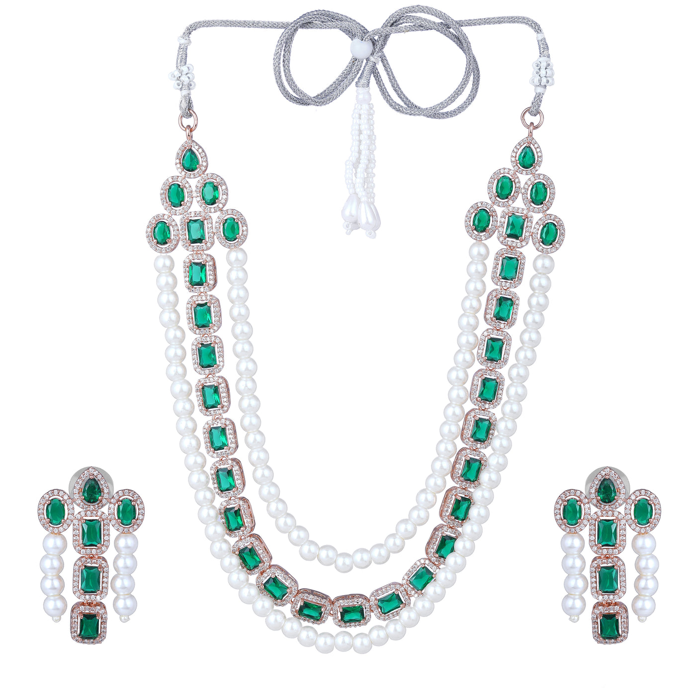 Estele Rose Gold Plated CZ Captivating 3-Layered Necklace Set with Green Stones & Pearls for Women