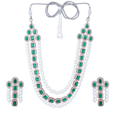 Estele Rose Gold Plated CZ Captivating 3-Layered Necklace Set with Green Stones & Pearls for Women