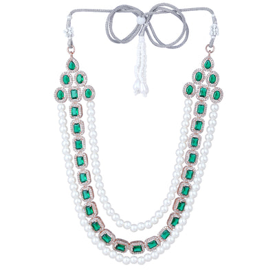 Estele Rose Gold Plated CZ Captivating 3-Layered Necklace Set with Green Stones & Pearls for Women